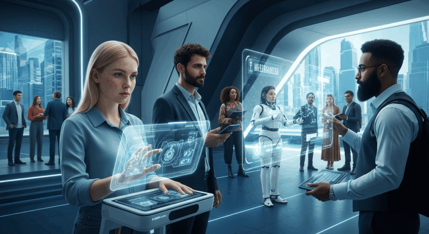A futuristic cityscape showcasing a diverse group of people engaged in various learning activities, surrounded by advanced technology and digital interfaces symbolizing growth and innovation for beginners in 2025. No texts on scene. Keywords: photorealistic style, high resolution, 4k details, HDR, cinematic lighting, professional photography, studio lighting, vibrant colors.