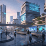 A futuristic cityscape at dusk, showcasing a digital guide on interactive screens with people engaged in various activities, surrounded by modern architecture and innovative technology. No texts on scene. Photorealistic style, high resolution, 4k details, HDR, cinematic lighting, professional photography, studio lighting, vibrant colors.
