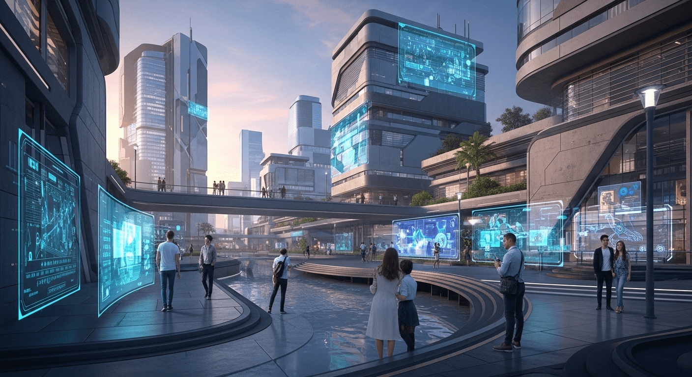 A futuristic cityscape at dusk, showcasing a digital guide on interactive screens with people engaged in various activities, surrounded by modern architecture and innovative technology. No texts on scene. Photorealistic style, high resolution, 4k details, HDR, cinematic lighting, professional photography, studio lighting, vibrant colors.