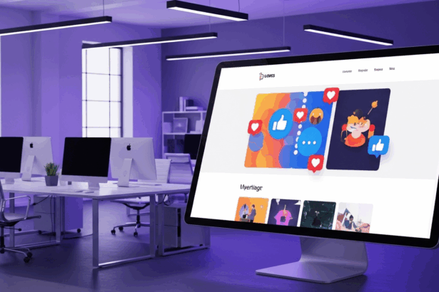 A sleek, modern office space showcases an interactive digital screen displaying a one-page website design with vibrant graphics, symbols of user engagement, and dynamic layouts symbolizing efficiency in web development. No texts on scene. Keywords: photorealistic style, high resolution, 4k details, HDR, cinematic lighting, professional photography, studio lighting, vibrant colors.