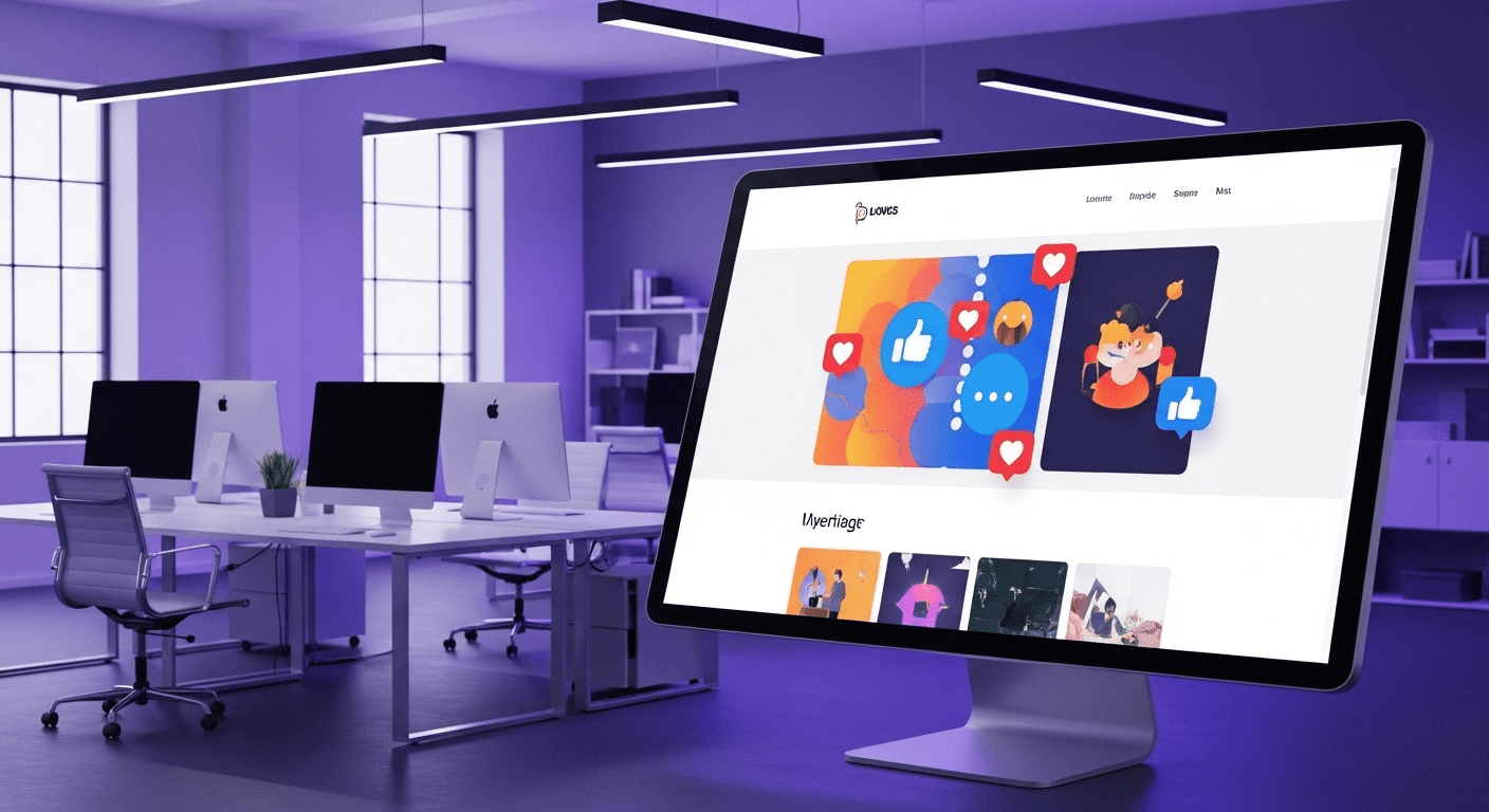 A sleek, modern office space showcases an interactive digital screen displaying a one-page website design with vibrant graphics, symbols of user engagement, and dynamic layouts symbolizing efficiency in web development. No texts on scene. Keywords: photorealistic style, high resolution, 4k details, HDR, cinematic lighting, professional photography, studio lighting, vibrant colors.