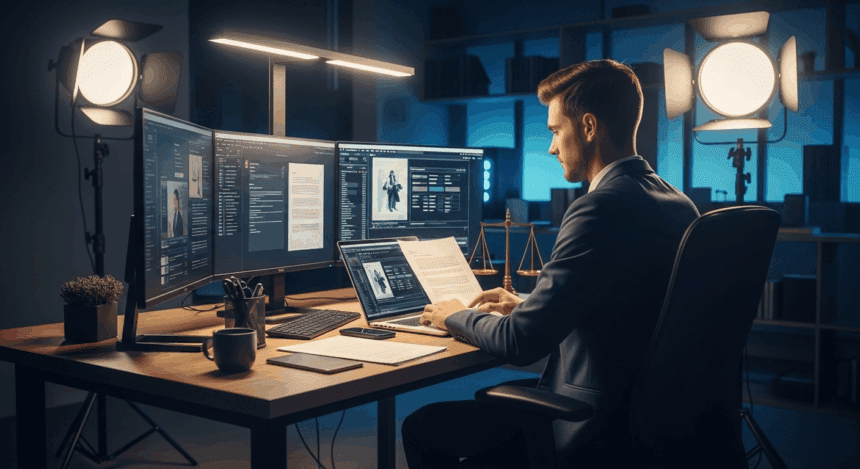 A modern law office featuring a sleek, digital work environment where a lawyer is actively using legal software on a high-tech laptop, surrounded by digital legal documentation and a sophisticated, minimalistic design. No texts on scene. Keywords: photorealistic style, high resolution, 4k details, HDR, cinematic lighting, professional photography, studio lighting, vibrant colors.