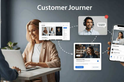 A dynamic visual representation of a customer's seamless journey from browsing a website to receiving exceptional service, with interconnected digital platforms and engaging customer interactions. no texts on scene. Keywords: photorealistic style, high resolution, 4k details, HDR, cinematic lighting, professional photography, studio lighting, vibrant colors.