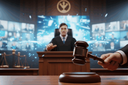 A dramatic courtroom scene depicting a judge's gavel coming down amidst a backdrop of digital media screens displaying blurred video thumbnails, symbolizing the clash between information and privacy. No texts on scene. Keywords: photorealistic style, high resolution, 4k details, HDR, cinematic lighting, professional photography, studio lighting, vibrant colors.
