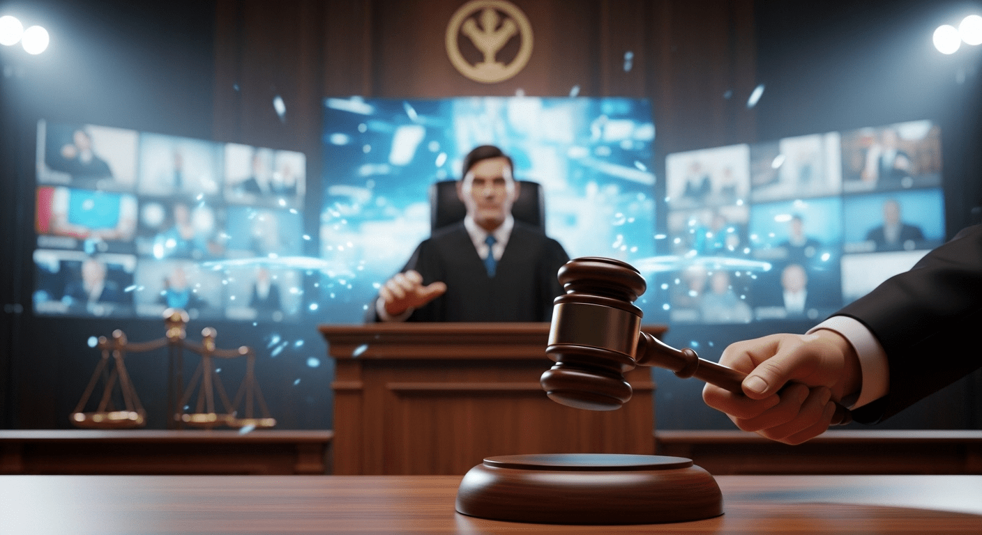 A dramatic courtroom scene depicting a judge's gavel coming down amidst a backdrop of digital media screens displaying blurred video thumbnails, symbolizing the clash between information and privacy. No texts on scene. Keywords: photorealistic style, high resolution, 4k details, HDR, cinematic lighting, professional photography, studio lighting, vibrant colors.