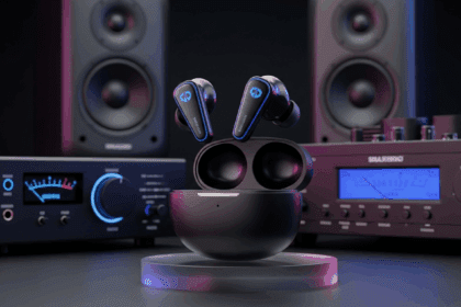 An immersive scene depicting a sleek, modern pair of earbuds prominently displayed alongside cutting-edge audio technology, emphasizing innovation and competition in the audio market. No texts on scene. Keywords: photorealistic style, high resolution, 4k details, HDR, cinematic lighting, professional photography, studio lighting, vibrant colors.