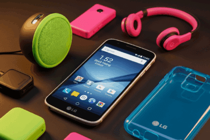 A sleek and modern smartphone design showcasing the LG G3 Beat, featuring a compact size and elegant aesthetics, nestled among vibrant tech accessories, with a subtle hint of its advanced features. no texts on scene. Keywords: photorealistic style, high resolution, 4k details, HDR, cinematic lighting, professional photography, studio lighting, vibrant colors.
