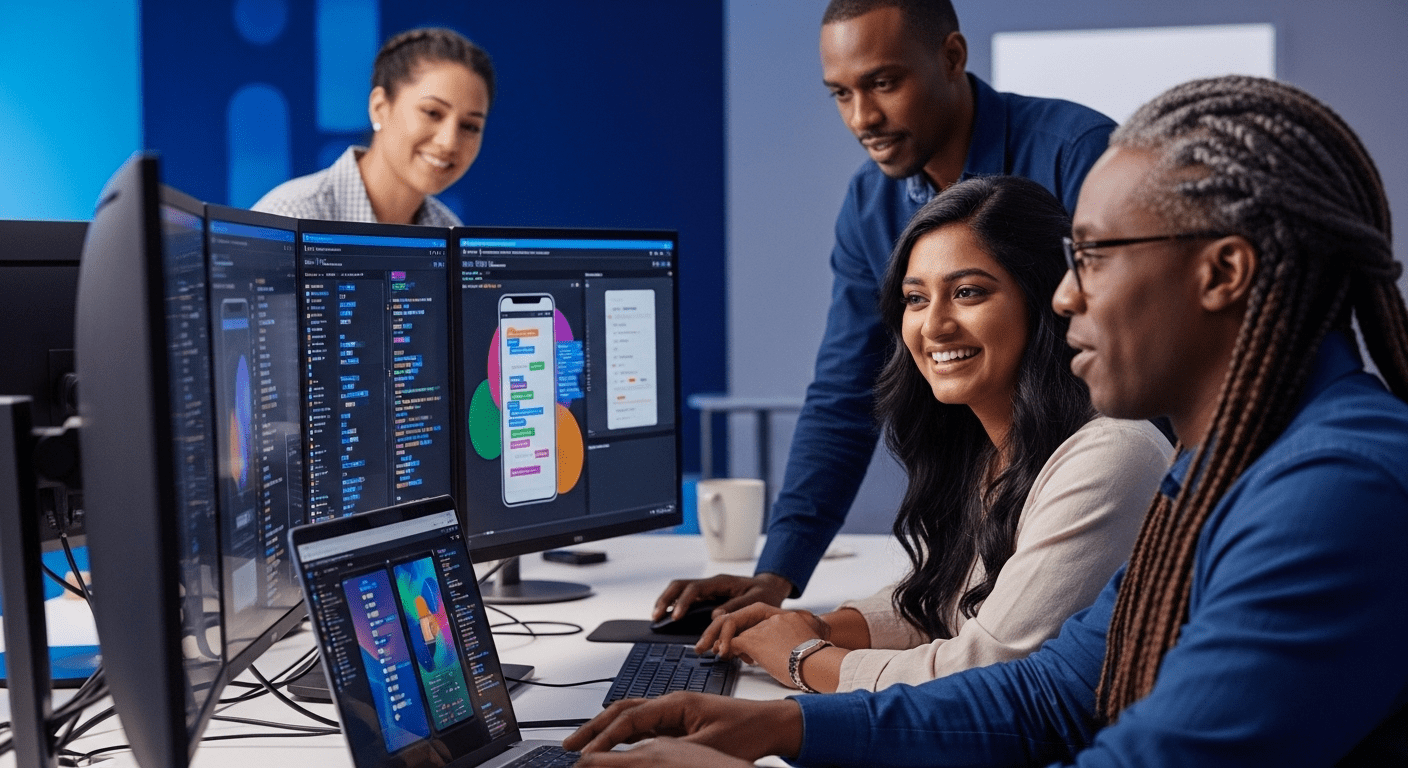 A modern workspace filled with diverse professionals collaborating around digital interfaces, showcasing low-code development in action with vibrant screens displaying codes and app designs. No texts on scene. Keywords: photorealistic style, high resolution, 4k details, HDR, cinematic lighting, professional photography, studio lighting, vibrant colors.