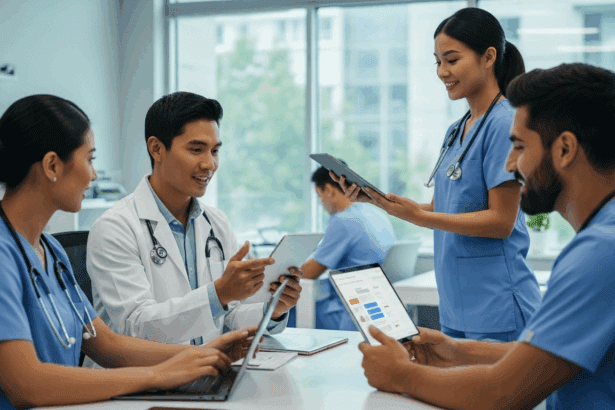 A bustling modern doctor's office filled with engaged healthcare professionals using digital devices to connect with patients through various online channels, showcasing dynamic interactions and a vibrant atmosphere of growth and collaboration. no texts on scene. Keywords: photorealistic style, high resolution, 4k details, HDR, cinematic lighting, professional photography, studio lighting, vibrant colors.