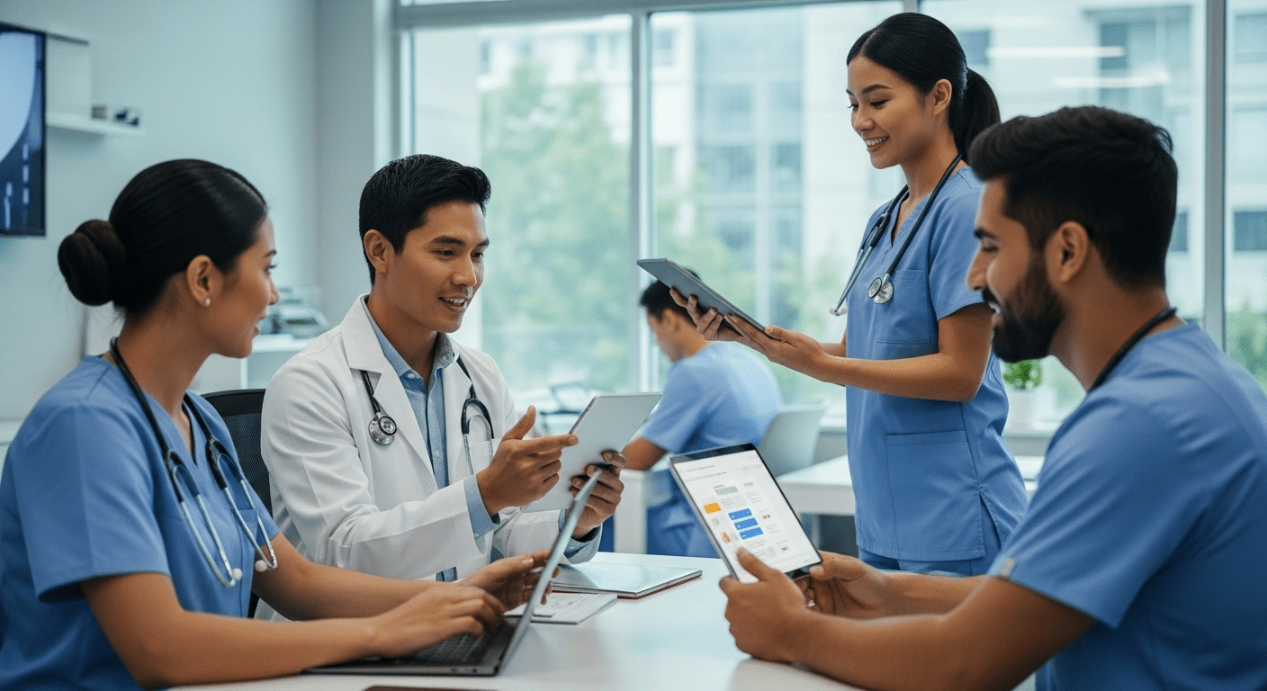 A bustling modern doctor's office filled with engaged healthcare professionals using digital devices to connect with patients through various online channels, showcasing dynamic interactions and a vibrant atmosphere of growth and collaboration. no texts on scene. Keywords: photorealistic style, high resolution, 4k details, HDR, cinematic lighting, professional photography, studio lighting, vibrant colors.