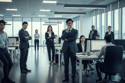 A dramatic scene unfolds in a sleek, modern corporate office with employees appearing contemplative and concerned, reflecting on the news of significant layoffs amidst high-tech surroundings. no texts on scene. photorealistic style, high resolution, 4k details, HDR, cinematic lighting, professional photography, studio lighting, vibrant colors.