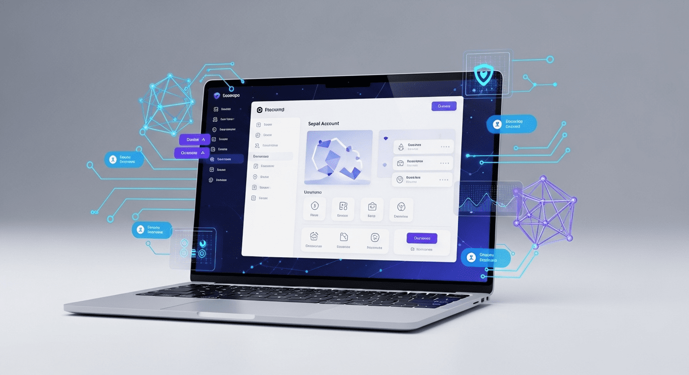 A modern, secure digital account interface displayed on a sleek laptop, surrounded by abstract technology elements, symbolizing user-friendly access and privacy in the online environment. No texts on scene. Keywords: photorealistic style, high resolution, 4k details, HDR, cinematic lighting, professional photography, studio lighting, vibrant colors.
