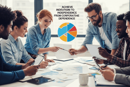 A visually captivating scene illustrating a diverse group of people collaboratively brainstorming innovative solutions to achieve independence from a corporate dependency, with digital devices and charts symbolizing creativity and adaptability in a modern office space. No texts on scene. Keywords: photorealistic style, high resolution, 4k details, HDR, cinematic lighting, professional photography, studio lighting, vibrant colors.