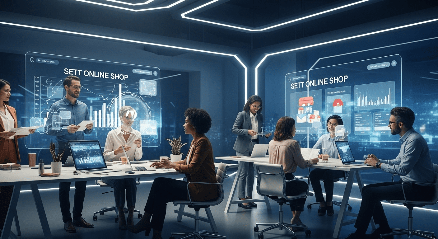 A sleek, futuristic workspace showcasing a diverse group of professionals collaborating on a digital platform for setting up an online store in a bright and inviting environment. No texts on scene. Key visual elements include advanced technology, vibrant screens displaying graphs and online shop layouts, and an atmosphere of innovation and teamwork. photorealistic style, high resolution, 4k details, HDR, cinematic lighting, professional photography, studio lighting, vibrant colors.