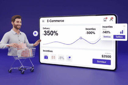 A modern digital marketplace scene depicting a vibrant interface showcasing fluctuating delivery rates and incentives for sellers, surrounded by dynamic graphics representing e-commerce growth and innovation. no texts on scene. Keywords: photorealistic style, high resolution, 4k details, HDR, cinematic lighting, professional photography, studio lighting, vibrant colors.