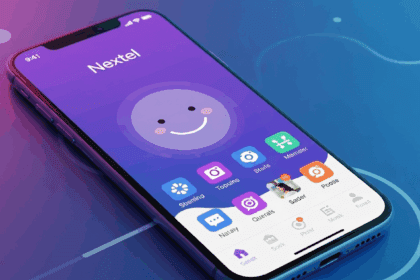 A modern smartphone displaying the Nextel app interface with cheerful colors and user-friendly design elements, set against a bright, tech-inspired background that conveys connectivity and happiness. no texts on scene. Keywords: photorealistic style, high resolution, 4k details, HDR, cinematic lighting, professional photography, studio lighting, vibrant colors.