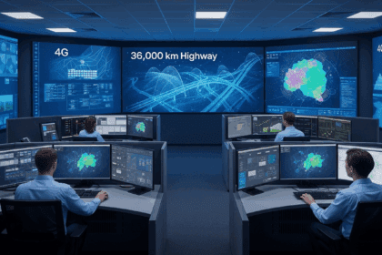 A bustling scene depicting a modern telecommunications control center where engineers monitor expansive 4G network coverage maps, with digital displays showcasing the integration of 36,000 kilometers of highway connectivity. no texts on scene. Keywords: photorealistic style, high resolution, 4k details, HDR, cinematic lighting, professional photography, studio lighting, vibrant colors.