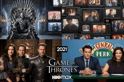 A dramatic visual collage showcasing iconic scenes and characters from "Game of Thrones" and "Friends," symbolizing their prominence on HBO Max in 2021, against a vibrant and dynamic backdrop of television screens. no texts on scene. High resolution, photorealistic style, 4k details, cinematic lighting, professional photography, studio lighting, vibrant colors.