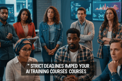 A group of diverse Udemy instructors gather in a modern conference room, expressing their concerns over strict deadlines to remove AI training courses, with a backdrop of technology-themed decor and digital screens. no texts on scene. camera angle capturing the emotions, photorealistic style, high resolution, 4k details, HDR, cinematic lighting, professional photography, studio lighting, vibrant colors.
