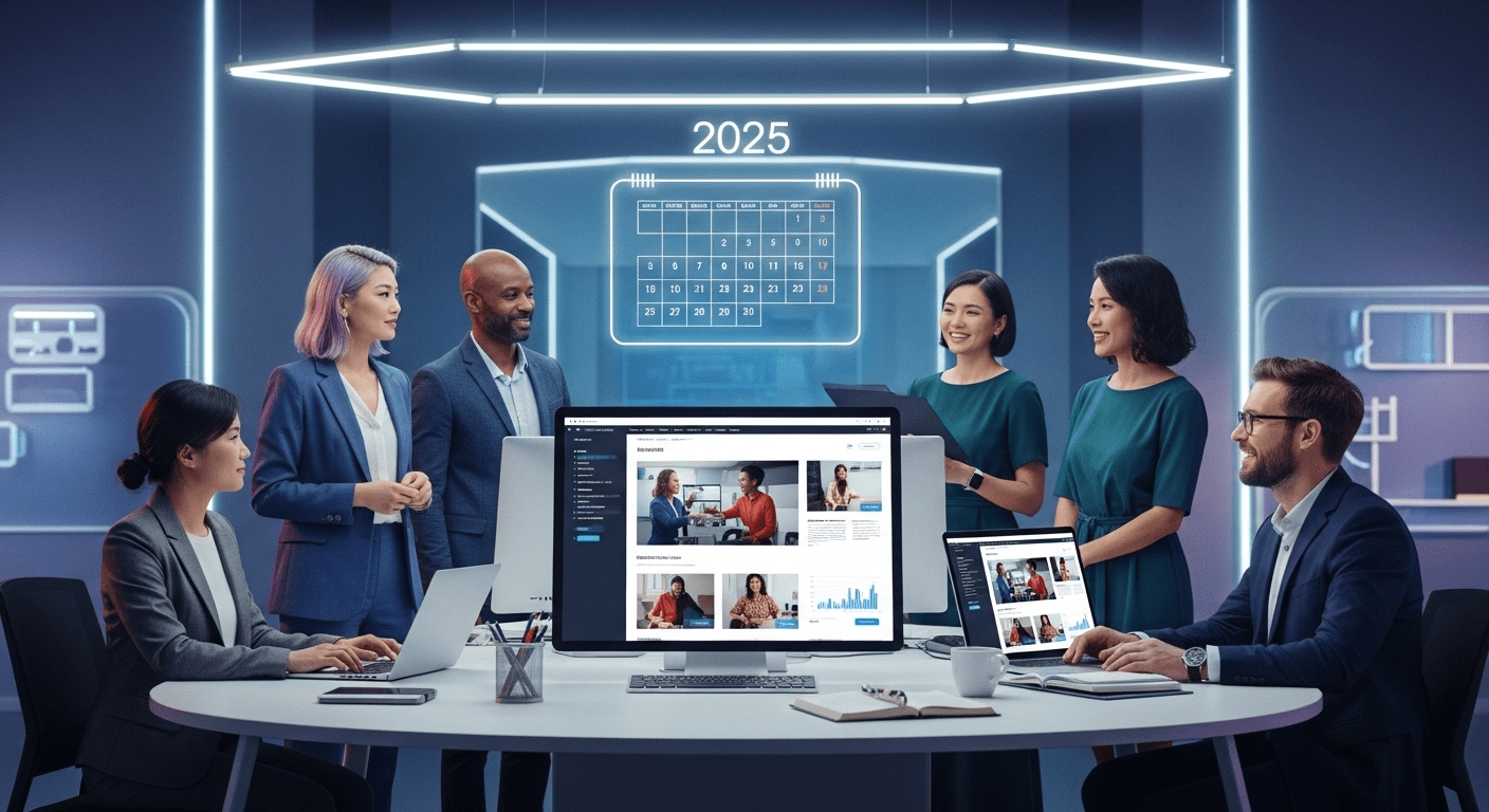 Create a futuristic digital workspace featuring a calendar displaying 2025, sleek devices showcasing updated website content, and a team of diverse professionals discussing strategies, all in a high-tech environment. No texts on scene. Keywords: photorealistic style, high resolution, 4k details, HDR, cinematic lighting, professional photography, studio lighting, vibrant colors.