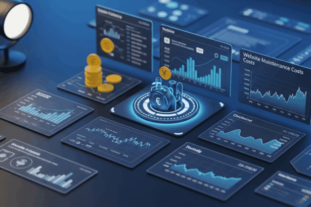 A detailed visual representation depicting a futuristic digital marketplace in 2025, showcasing various elements related to website maintenance costs, such as graphs, currency symbols, and modern technology in a professional setting. no texts on scene. Keywords: photorealistic style, high resolution, 4k details, HDR, cinematic lighting, professional photography, studio lighting, vibrant colors.