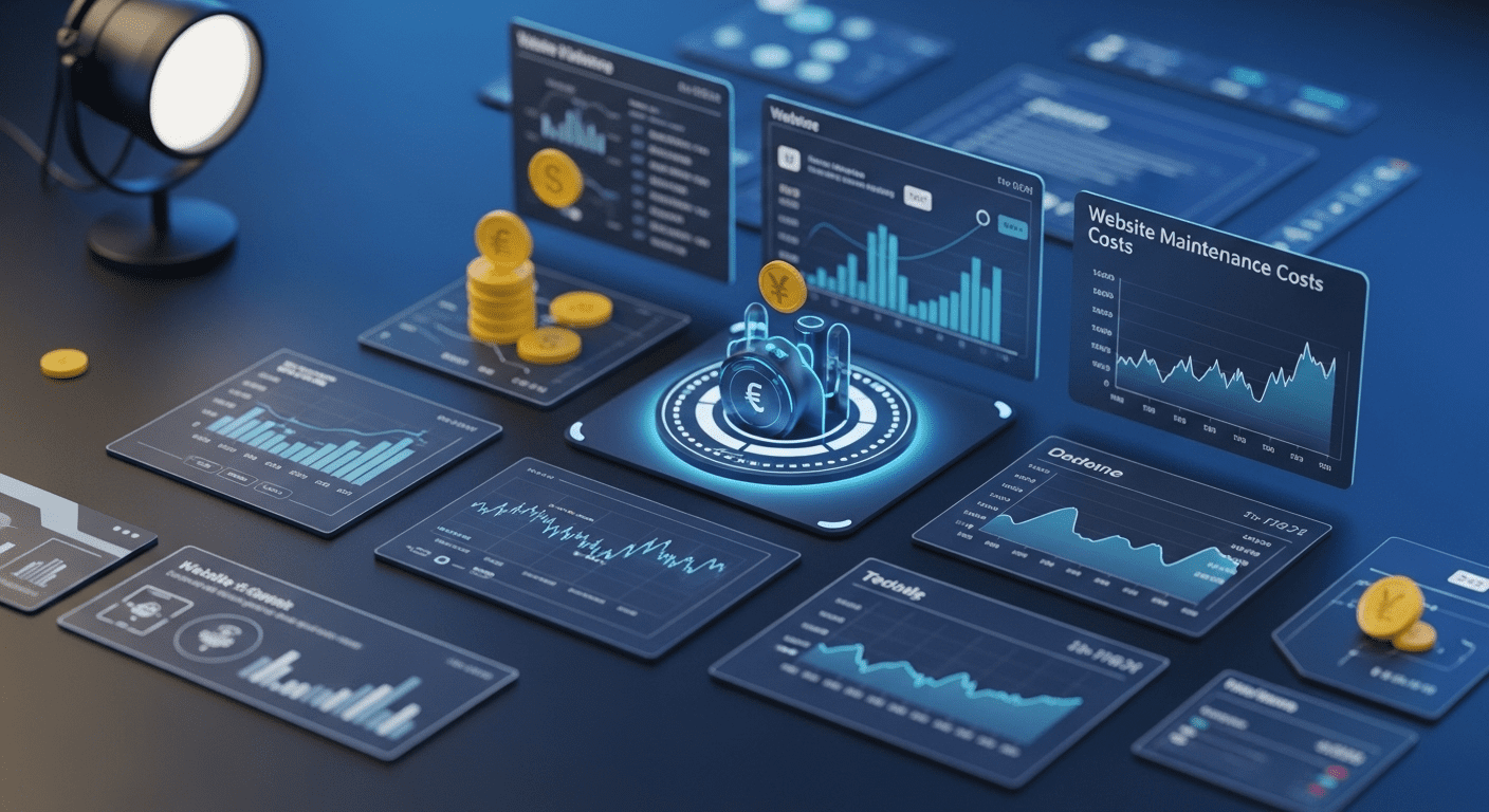 A detailed visual representation depicting a futuristic digital marketplace in 2025, showcasing various elements related to website maintenance costs, such as graphs, currency symbols, and modern technology in a professional setting. no texts on scene. Keywords: photorealistic style, high resolution, 4k details, HDR, cinematic lighting, professional photography, studio lighting, vibrant colors.