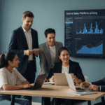A modern e-commerce office showcasing professionals discussing digital strategies with graphs and charts about pricing for online sales platforms in 2025. no texts on scene. 
Keywords: photorealistic style, high resolution, 4k details, HDR, cinematic lighting, professional photography, studio lighting, vibrant colors.