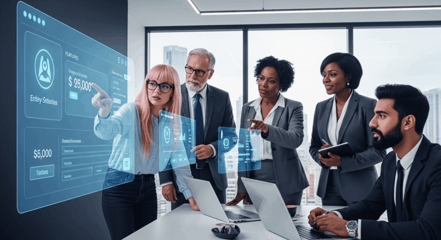 A futuristic business scene depicting a diverse group of professionals analyzing a digital interface displaying software pricing and features in a sleek, modern office setting. no texts on scene. photorealistic style, high resolution, 4k details, HDR, cinematic lighting, professional photography, studio lighting, vibrant colors.