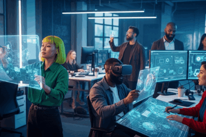 A futuristic workspace showcasing diverse individuals engaged in creative processes, utilizing advanced technology and collaborative tools to brainstorm innovative ideas for the year 2025. no texts on scene. Keywords: photorealistic style, high resolution, 4k details, HDR, cinematic lighting, professional photography, studio lighting, vibrant colors.