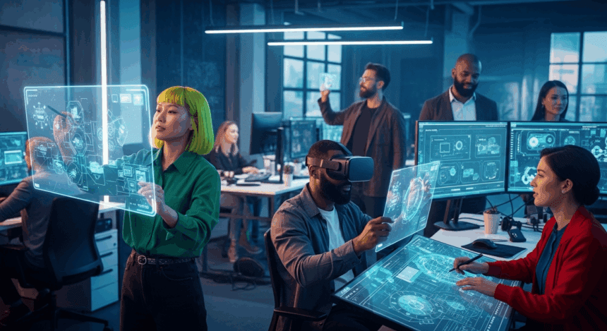 A futuristic workspace showcasing diverse individuals engaged in creative processes, utilizing advanced technology and collaborative tools to brainstorm innovative ideas for the year 2025. no texts on scene. Keywords: photorealistic style, high resolution, 4k details, HDR, cinematic lighting, professional photography, studio lighting, vibrant colors.