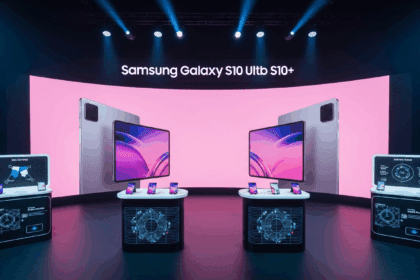 A vibrant launch event scene featuring the latest Samsung Galaxy Tab S10 Ultra and Tab S10+ prominently displayed on sleek podiums, surrounded by interactive AI tech demos and engaged attendees in a modern, high-tech auditorium. No texts on scene. Keywords: photorealistic style, high resolution, 4k details, HDR, cinematic lighting, professional photography, studio lighting, vibrant colors.