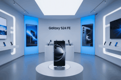 A dynamic launch scene featuring the Samsung Galaxy S24 FE displayed prominently in an elegant modern tech store, highlighting its sleek design and innovative features amidst a backdrop of digital screens and ambient blue lighting. No texts on scene. Keywords: photorealistic style, high resolution, 4k details, HDR, cinematic lighting, professional photography, studio lighting, vibrant colors.