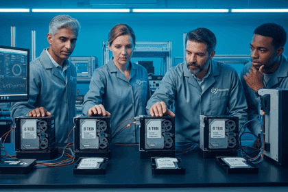 A high-tech laboratory showcasing Seagate engineers conducting advanced testing on sleek, modern 8-terabyte hard drives, surrounded by sophisticated equipment and data displayed on digital screens. No texts on scene. Keywords: photorealistic style, high resolution, 4k details, HDR, cinematic lighting, professional photography, studio lighting, vibrant colors.