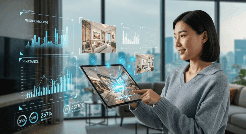 A futuristic real estate advertisement scene showcasing modern digital marketing strategies, featuring visually engaging home listings on smart devices surrounded by graphs and analytics overlays. No texts on scene. Keywords: photorealistic style, high resolution, 4k details, HDR, cinematic lighting, professional photography, studio lighting, vibrant colors.