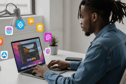 A modern workspace with a user engaging with various macOS applications displayed on a sleek laptop, surrounded by colorful icons representing different software, capturing the essence of subscription-based app revolution. no texts on scene. Keywords: photorealistic style, high resolution, 4k details, HDR, cinematic lighting, professional photography, studio lighting, vibrant colors.