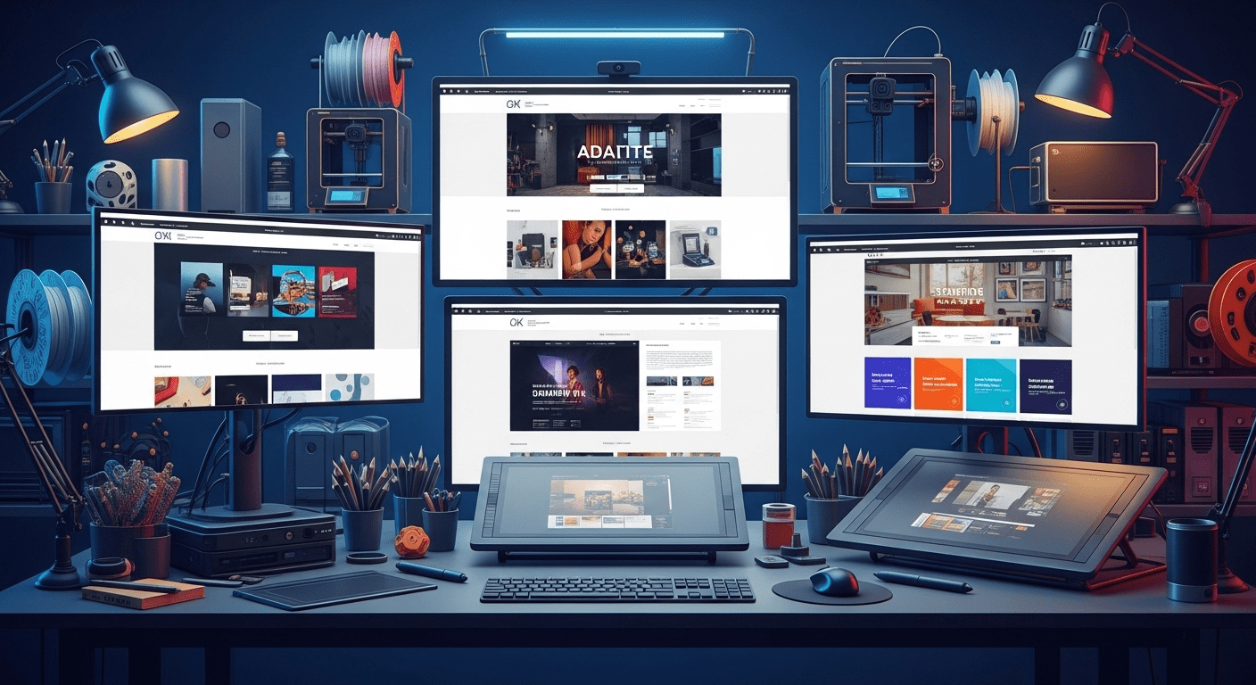 A sleek and modern workspace featuring multiple screens displaying dynamic web designs in responsive layouts, surrounded by vibrant tech gadgets and design tools. no texts on scene. Keywords: photorealistic style, high resolution, 4k details, HDR, cinematic lighting, professional photography, studio lighting, vibrant colors.