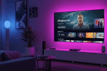 A sleek, modern living room showcasing the Slingbox M1 in use, streaming content on a large flat-screen TV while surrounded by comfortable furnishings and smart home devices, embodying the evolution of accessible internet television. no texts on scene. photorealistic style, high resolution, 4k details, HDR, cinematic lighting, professional photography, studio lighting, vibrant colors.