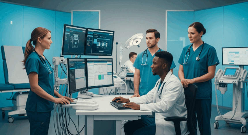 A modern clinic workspace with advanced software interfaces displayed on sleek screens, surrounded by medical equipment and professionals collaborating. no texts on scene. Photorealistic style, high resolution, 4k details, HDR, cinematic lighting, professional photography, studio lighting, vibrant colors.