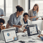 A futuristic office scene showcasing a diverse group of small business owners engaging with advanced software tools on sleek digital devices, emphasizing collaboration and innovation in a high-tech environment. no texts on scene. photorealistic style, high resolution, 4k details, HDR, cinematic lighting, professional photography, studio lighting, vibrant colors.