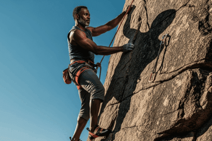 A person climbing a steep rock face against a clear blue sky, showcasing determination and strength, with the sun casting dramatic shadows, capturing the essence of overcoming challenges. photorealistic, 4K, HDR, cinematic lighting, ultra detailed, award-winning photography, studio shot, vibrant colors.