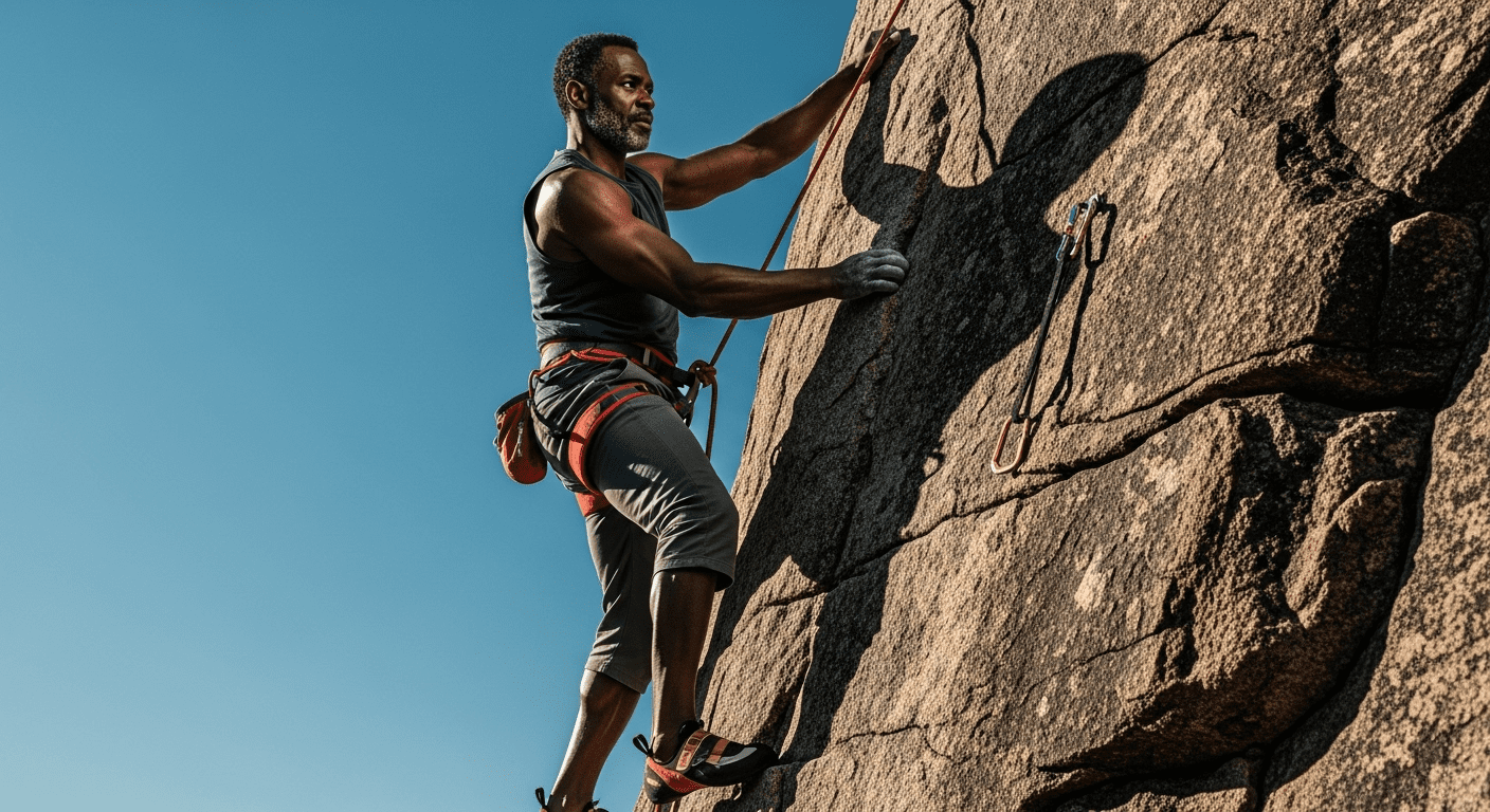 A person climbing a steep rock face against a clear blue sky, showcasing determination and strength, with the sun casting dramatic shadows, capturing the essence of overcoming challenges. photorealistic, 4K, HDR, cinematic lighting, ultra detailed, award-winning photography, studio shot, vibrant colors.