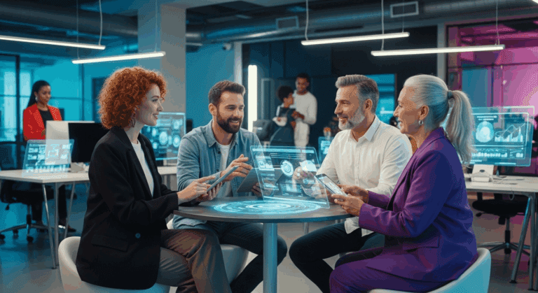 A futuristic digital marketing strategy meeting scene, showcasing diverse professionals analyzing data on tablets and digital screens, brainstorming innovative tactics to boost website conversions in 2025, with modern office decor and vibrant tech elements in the background. No texts on scene. Keywords: photorealistic style, high resolution, 4k details, HDR, cinematic lighting, professional photography, studio lighting, vibrant colors.
