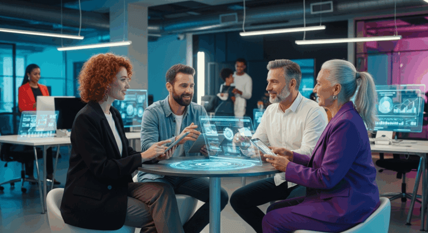 A futuristic digital marketing strategy meeting scene, showcasing diverse professionals analyzing data on tablets and digital screens, brainstorming innovative tactics to boost website conversions in 2025, with modern office decor and vibrant tech elements in the background. No texts on scene. Keywords: photorealistic style, high resolution, 4k details, HDR, cinematic lighting, professional photography, studio lighting, vibrant colors.