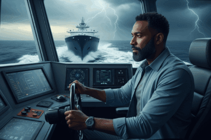 A dynamic scene depicting a confident individual at the helm of a futuristic control center, actively steering a ship through a vast ocean, symbolizing proactivity and leadership amidst challenges. no texts on scene, photorealistic style, high resolution, 4k details, HDR, cinematic lighting, professional photography, studio lighting, vibrant colors.