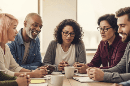 A serene gathering of diverse individuals engaged in open dialogue, embodying transparency and honesty through their expressions and body language in a warmly lit environment. no texts on scene. Photorealistic style, high resolution, 4k details, HDR, cinematic lighting, professional photography, studio lighting, vibrant colors.