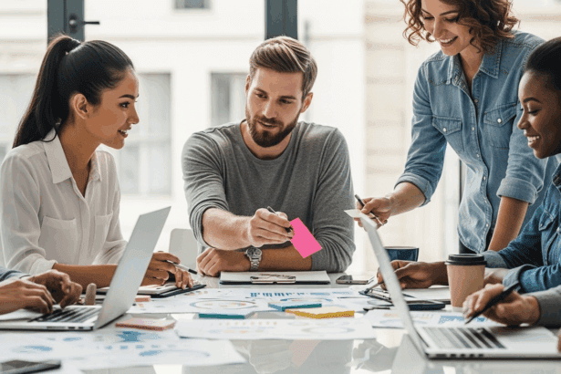 A diverse group of colleagues in a modern office environment engaged in a collaborative brainstorming session around a large table, with charts and coffee cups visible, showcasing teamwork and leadership dynamics, photorealistic, 4K, HDR, cinematic lighting, ultra detailed, award-winning photography, studio shot, vibrant colors.