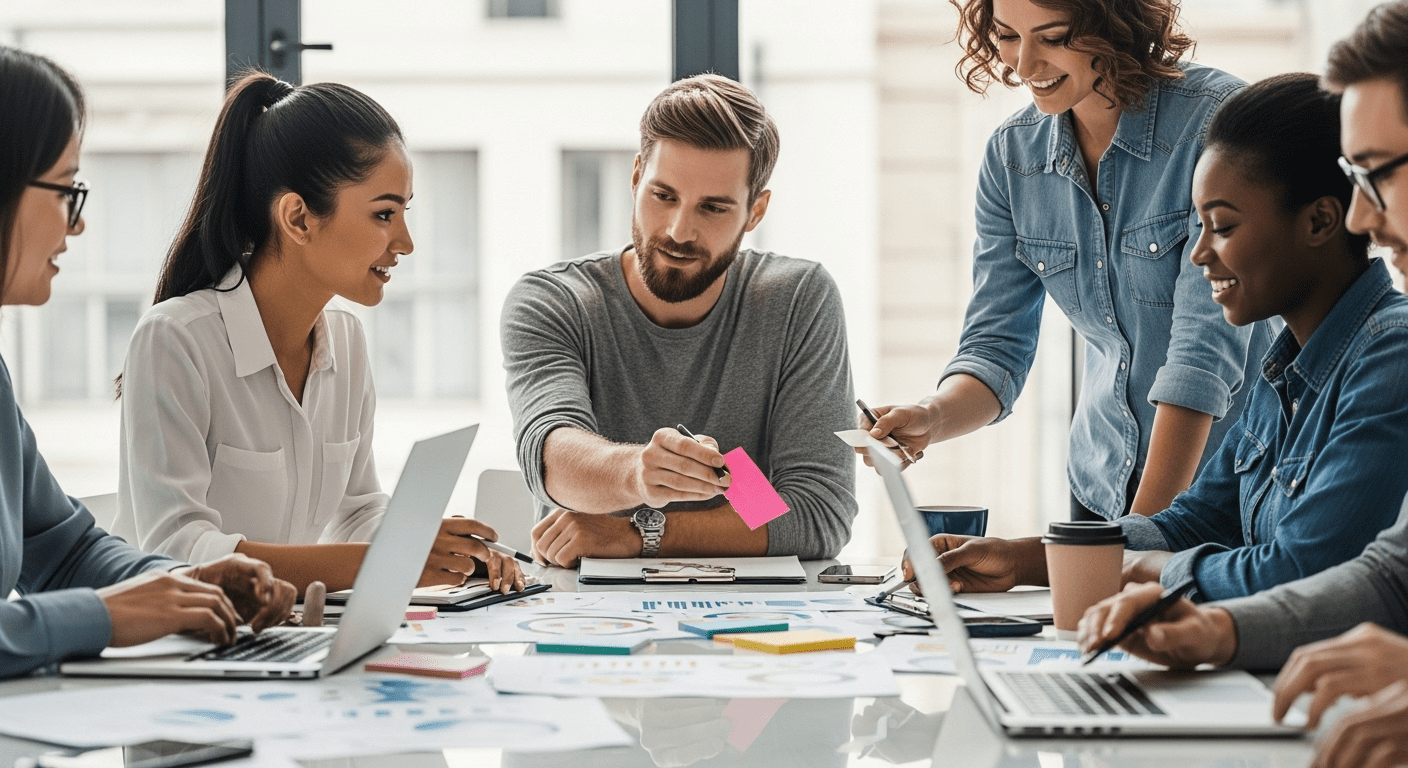 A diverse group of colleagues in a modern office environment engaged in a collaborative brainstorming session around a large table, with charts and coffee cups visible, showcasing teamwork and leadership dynamics, photorealistic, 4K, HDR, cinematic lighting, ultra detailed, award-winning photography, studio shot, vibrant colors.