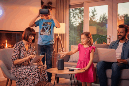 A vibrant, modern living room setting featuring a family joyfully using various connected devices, emphasizing the theme of shared internet experiences and technological advancement among loved ones. No texts on scene. Keywords: photorealistic style, high resolution, 4k details, HDR, cinematic lighting, professional photography, studio lighting, vibrant colors.
