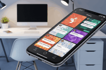 A visually engaging scene of an iPhone displaying a vibrant, modern chat interface with an array of colorful themes, set against a contemporary workspace backdrop. no texts on scene. high resolution, 4k details, HDR, cinematic lighting, professional photography, studio lighting, vibrant colors.